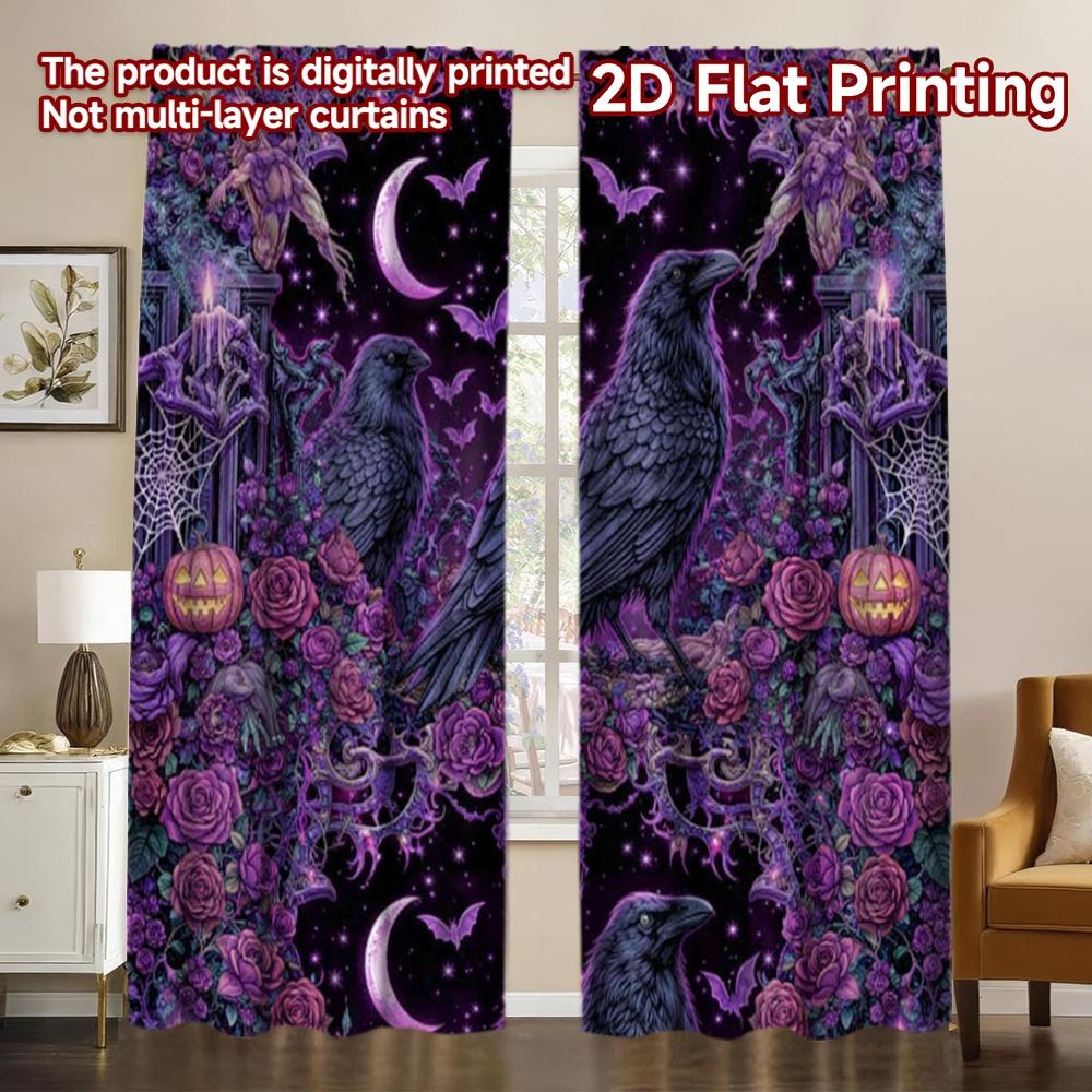 2D-Flachdruck, 2-teilige Vorhänge (Ohne Stange) Halloween Gothic Nacht Raben Schickes Vorhangstoff Vielseitiger Polyesterstoff