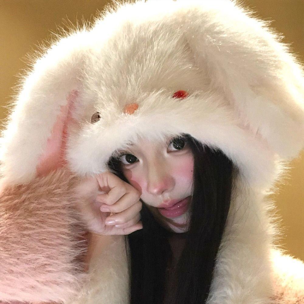 Anti-cold Winter Plush Hat Windproof Fluffy Ear Protection Cap Cute Rabbit Ears Warmer Hat Autumn