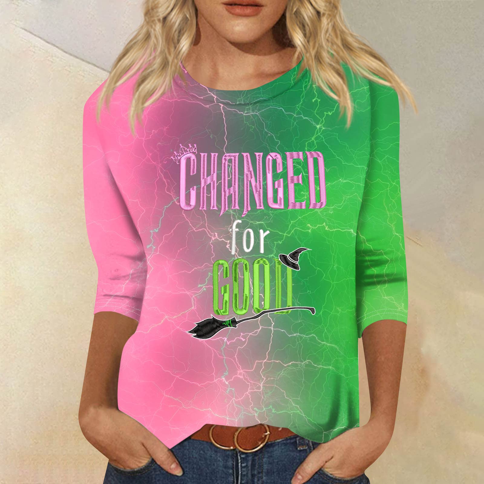 

Women s Fashionable Casual Three-Quarter Sleeve Printed Round Neck Top M рожевий