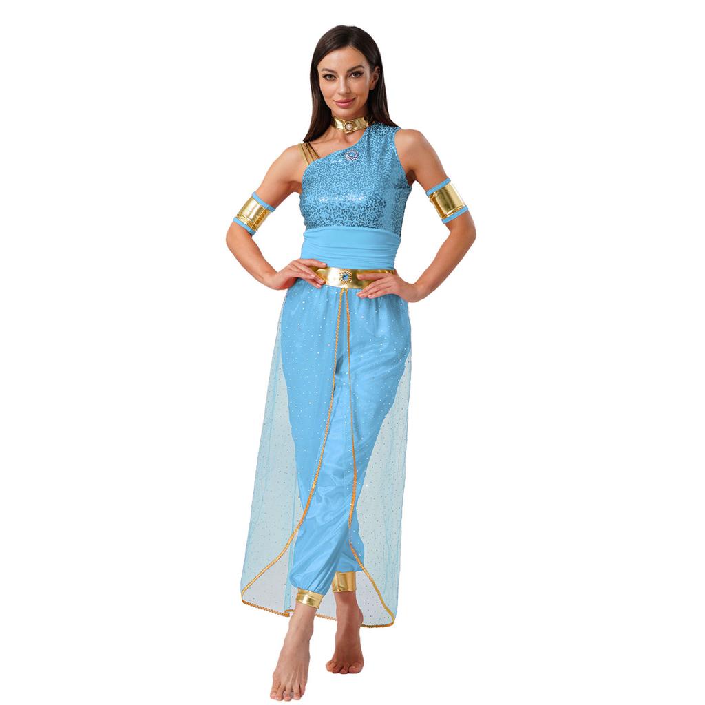 Womens Arab Princess Costume Belly Dance Design Gem Decor Contrast Color Shiny Tulle Overlay Jumpsuit