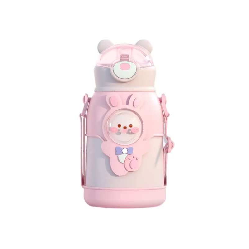 Godfun 500ml Vacuum Insulated Thermos with 316 Stainless Cute Anime Perfect for Students Children's Straw, Steel, One-Touch Straw, Strap, Design,