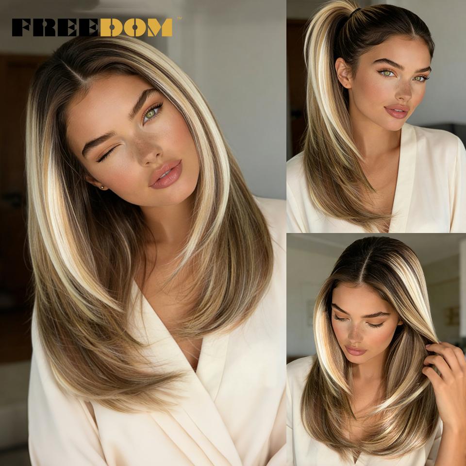 FREEDOM 13x3 Layered Synthetic Lace Front Wigs For Women 18 Inch Straight Ombre Brown Blonde Lace Wig Pre-plucked Highlight Wigs