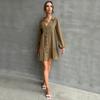 YYFS Women's Fashion Solid Color Print Long Sleeve POLO Neck Casual Dresses