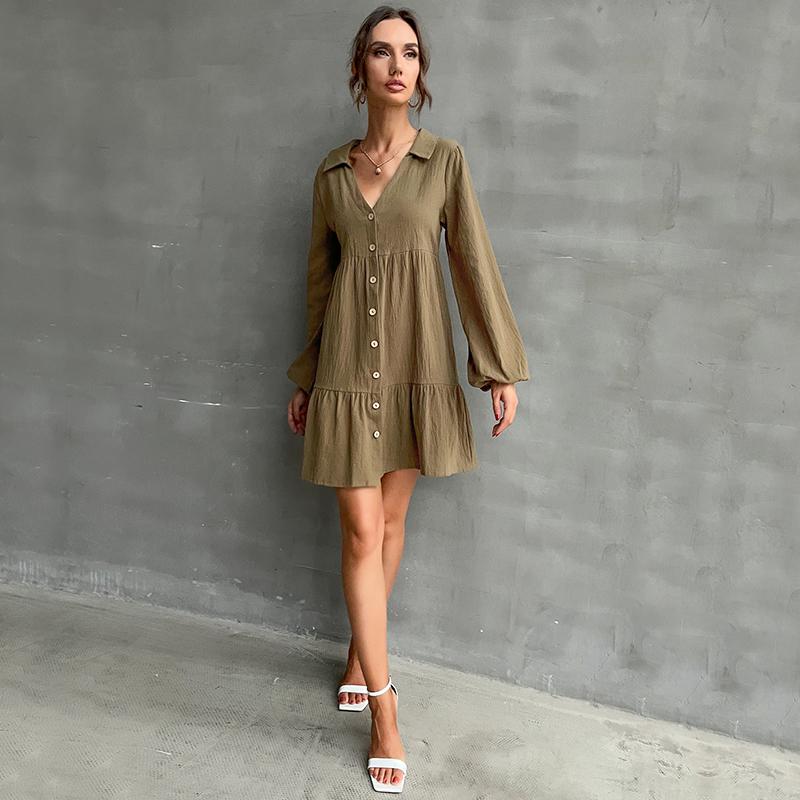 YYFS Women's Fashion Solid Color Print Long Sleeve POLO Neck Casual Dresses