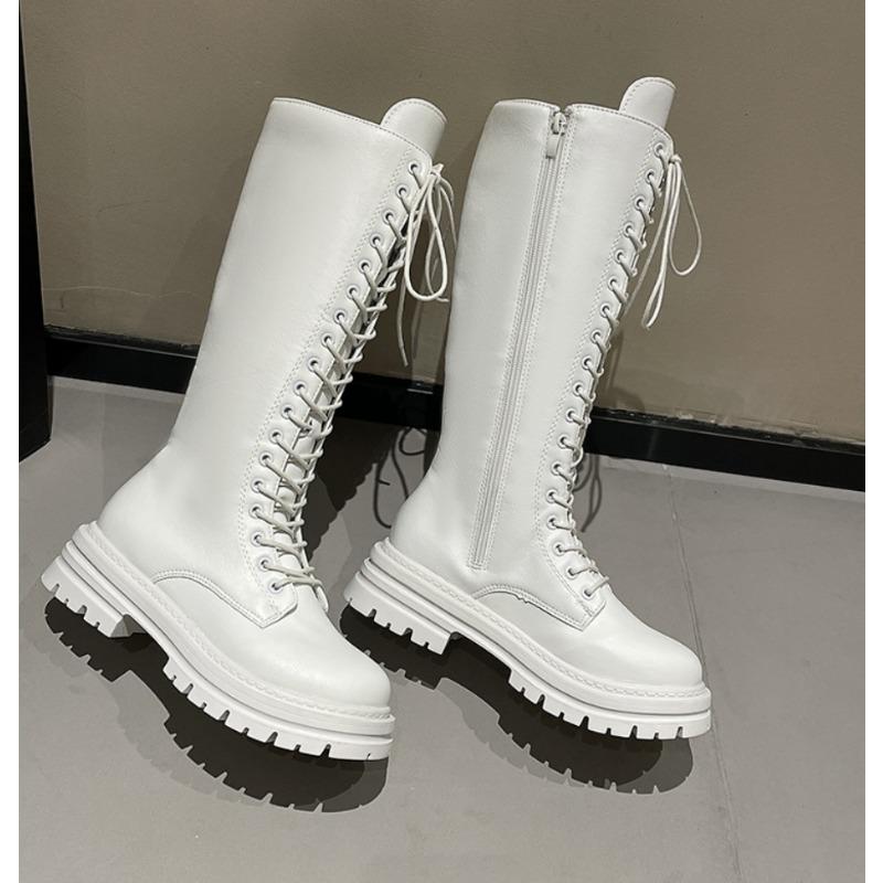 Autumn Winter Women's Large Size Side Zip Thick Heel Boots Outdoors Retro Women Shoes Platform Lace Motorcycle Knee-High Boots