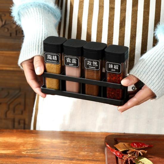 Juego de 4 Tarros de Plástico para Especias con Bandeja Tapa Deslizante con Una Mano Recipientes Transparentes Organizador Compacto para Encimera para Sal, Pimienta, Condimentos