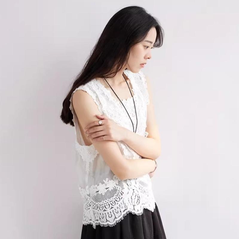DIMANAF 2026 Weste T-Shirt Damen Spitze Rundhalsausschnitt Ausgeschnitten Sommerstil Basic Tops Neue T-Shirts Lockere Weste