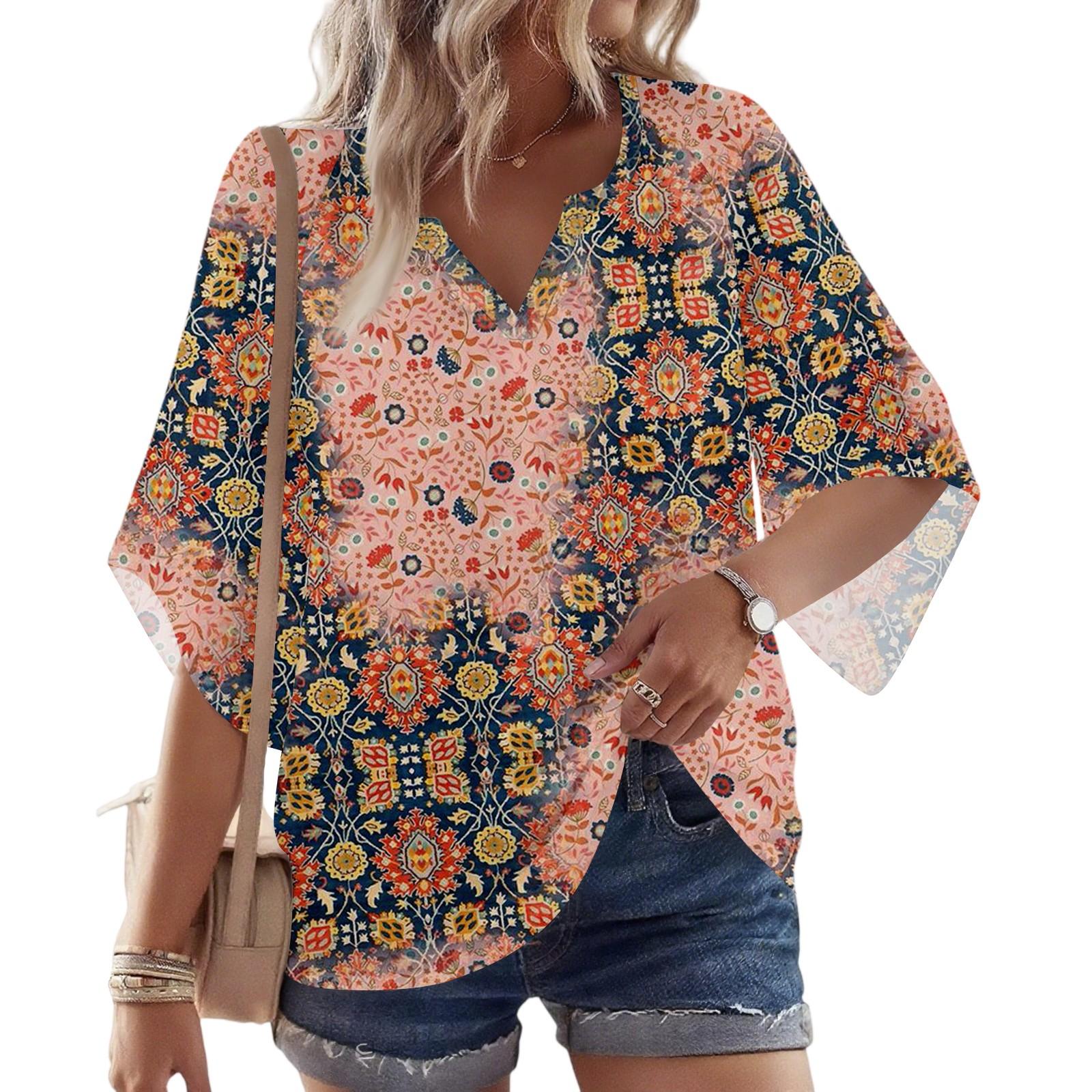 

Women s 3/4 Sleeve V Floral Shirt Casual Loose Tunic Top L бежевий