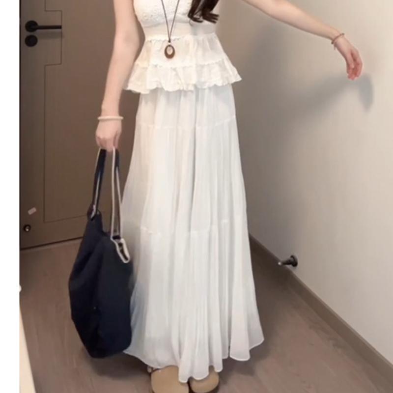 

Юбка из абрикосового шифона для женщин на лето, новая пышная юбка-трапеция с высокой талией, плиссированная длинная юбка-фея S