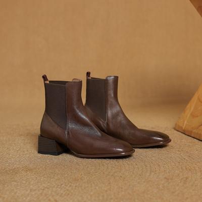Fashion NEW Autumn Women Boots Square Toe Chunky Heel Shoes Genuine Leather Shoes for Women Sip-on Chelsea Boots Daily Shoes Soft Boots