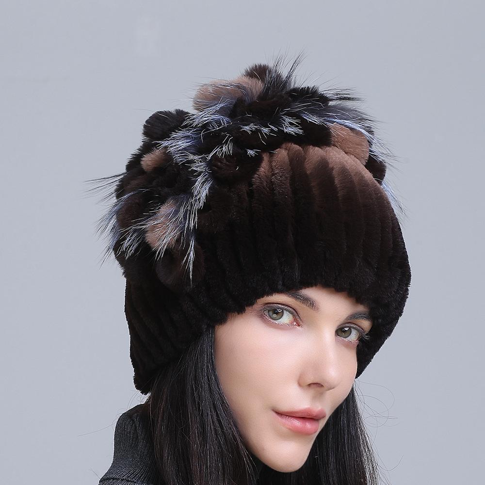 Winter Women's Warm Fashion Thick Wool Hat Rex Rabbit Fur Hat Knitted with Side Flower Hat