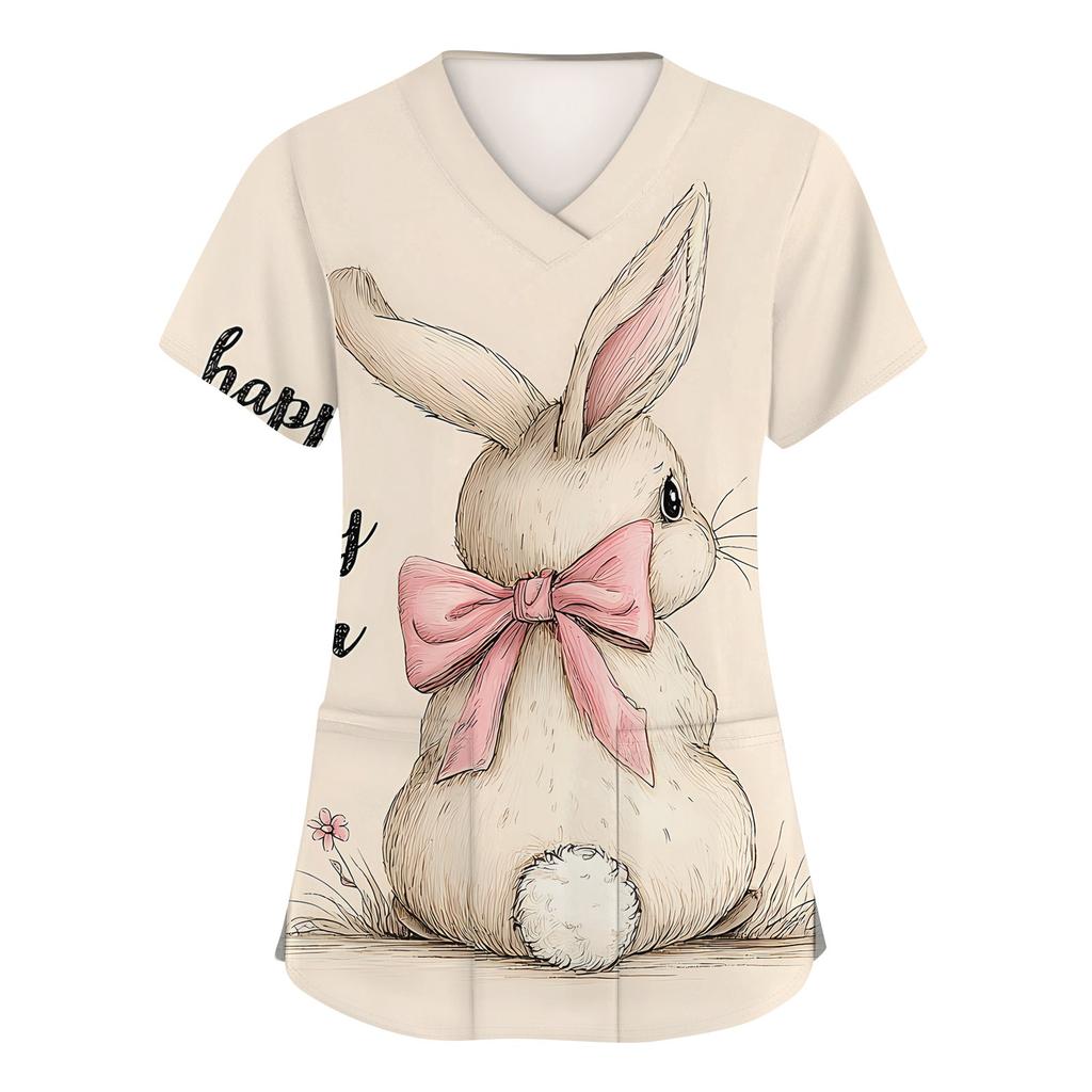 Moda damska Odzież robocza z dekoltem w serek i krótkimi rękawami z kieszeniami Topy z nadrukiem