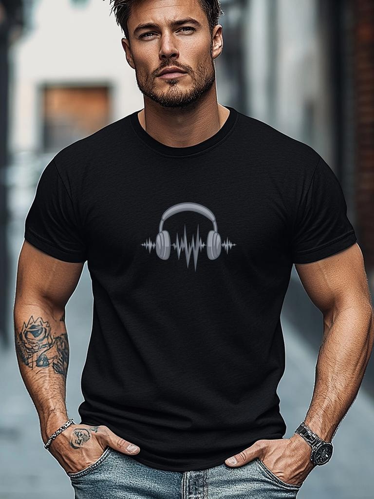 Plus-sizeunisex T-shirt, Casual and Relaxed,unisex Headphone and Soundwave Graphic Summer Casual Crew Neck Short Sleeve T-shirt, PLUS SIZE