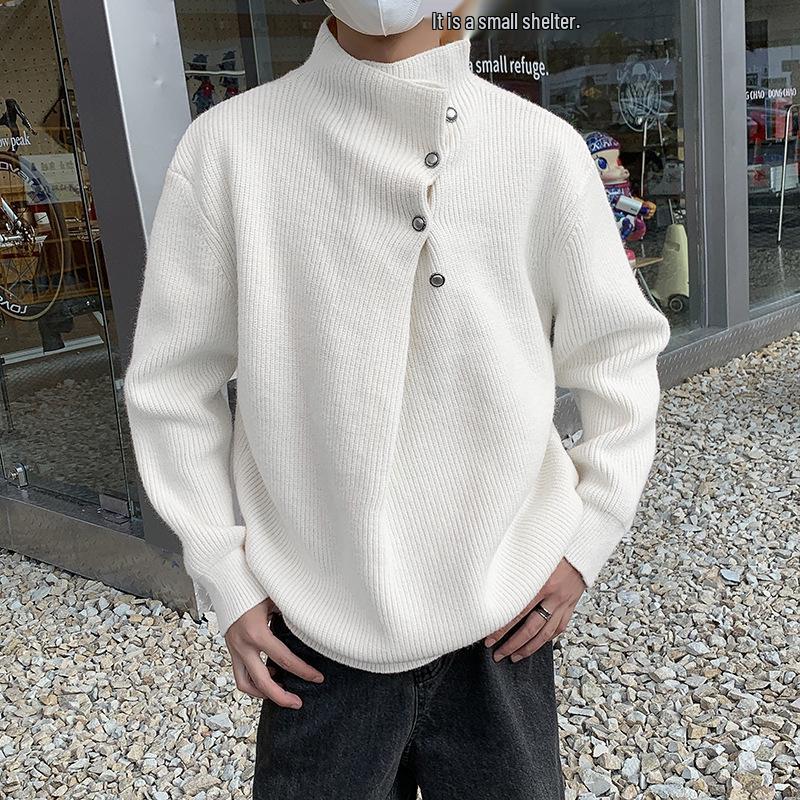 Men's Sophisticated Half-High Neck Button-Up Heavyweight Winter Sweater