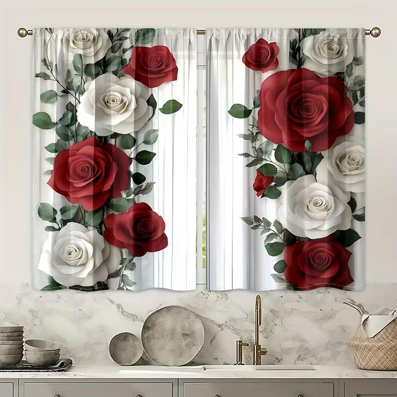 2PC Valentine's Red & White Rose Curtains 3D Floral Print Light Filtering Sheer Drapes Romantic Window Curtains for Bedroom