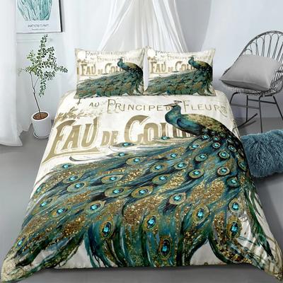 Juego de Funda Nórdica de Bronce Antiguo con Pavo Real Tamaño King Queen Doble Completo Twin Individual Juego de Ropa de Cama