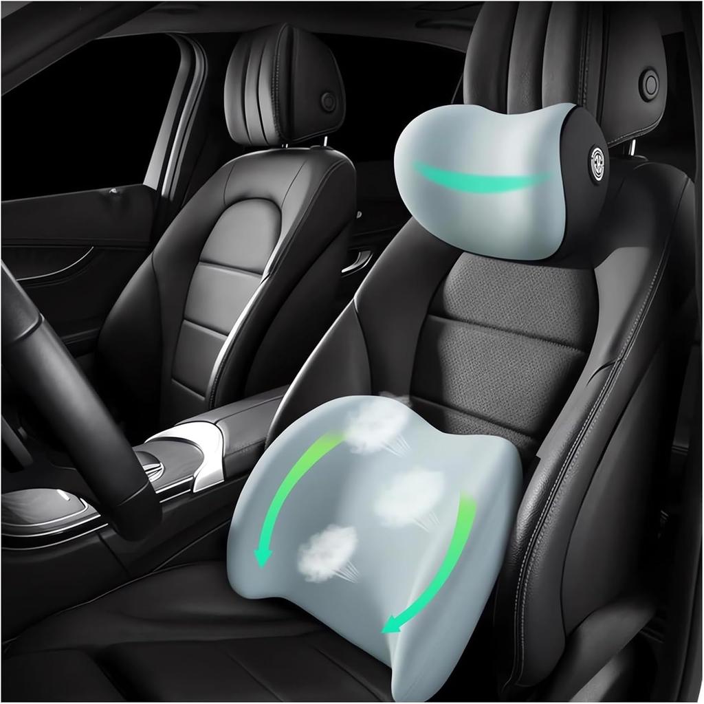 Car Headrest & Lumbar Support Cushion Ergonomic Car Seat Neck Back Rest Pillows Orthopedic Memory Foam Head Rest and Lower Lumbar Support Pillow Set