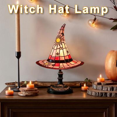 Stained Glass Witch Hat Lamp LED Night Light Resin Witch Hat Light Ornament for Living Room Home Bedroom Decoration