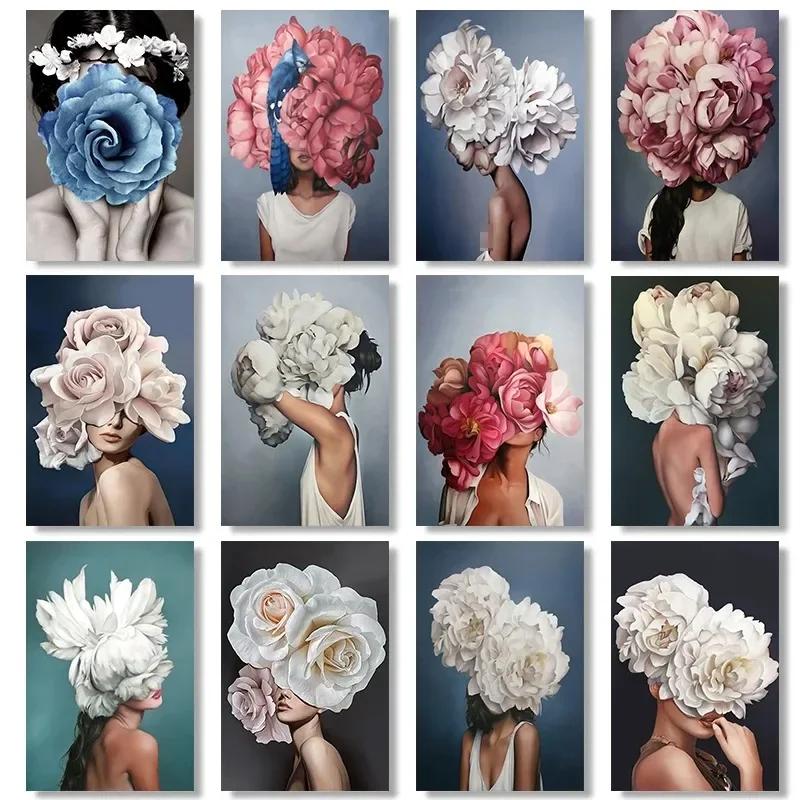 Canvas Painting Nordic Wall Art Posters Woman Head With Flowers Fashion Lady Portrait Picture Home Bedroom Decoration (No Frame)
