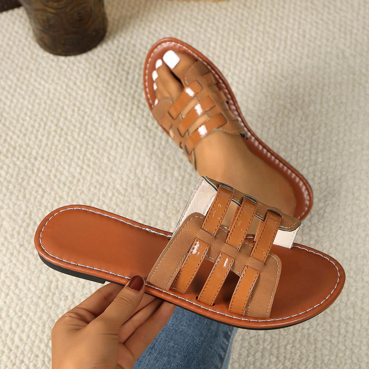 

Large size woven beach one-word slippers for women s new retro versatile flat-bottomed open-toed cool slippers for women 43 коричневый