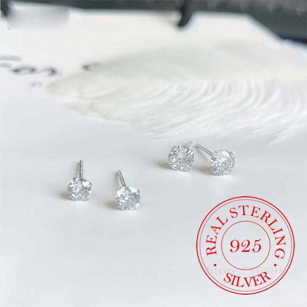 100% Real 925 Sterling Silver Round Crystal Stud Earrings for Women Fashion Piercing Jewelry Women's Party Wedding Gift