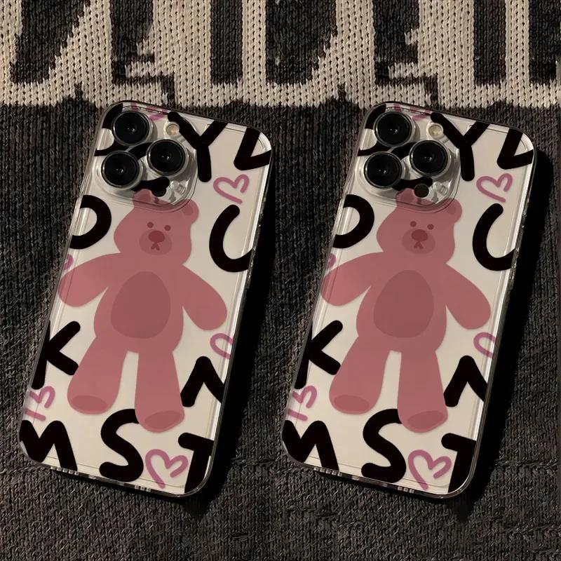 Ins Korean  Lovely Pink Bear Phone Case for IPhone 16 Pro Max 15 14 13 12 11 Pro Max 14 15 Plus Y2K Soft Anti Fall Phone Case