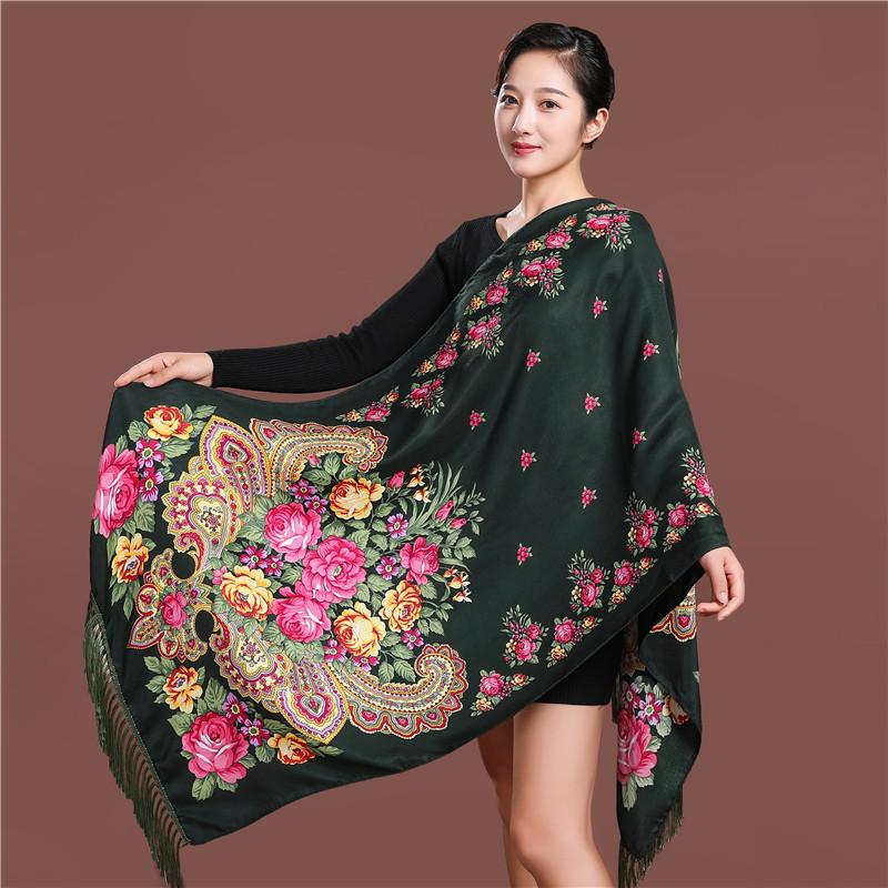Russian Style Luxury Floral Printed Women Scarf Ethnic Fringed Shawl Babushka Hijab Head Wraps Lady Travel Sunshade Scarves