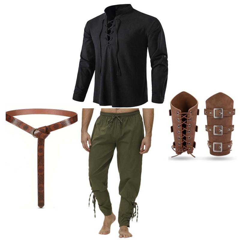 

Renaissance Era Mens Clothing Pack With Knit Shirt And Long Pants For Costume Events Black Top Green ,S