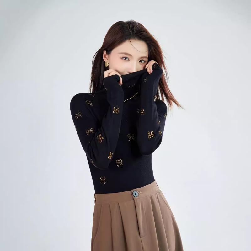 

Autumn new inner wool sweater women s bow hot diamond stacked turtleneck knitted sweater slim primer sweater 115 (90-57.5 kg) чёрный