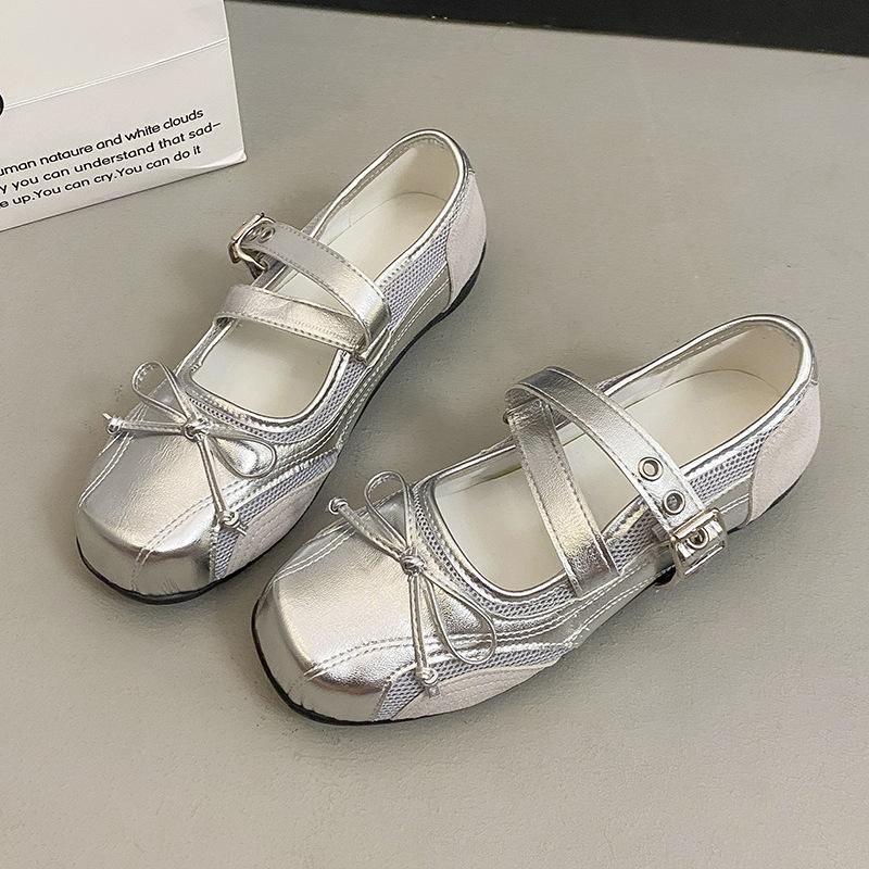 

French bow Mary Jane shoes with skirt 2025 autumn new color matching ballet shoes women s niche light mouth single shoes 40 серебряный