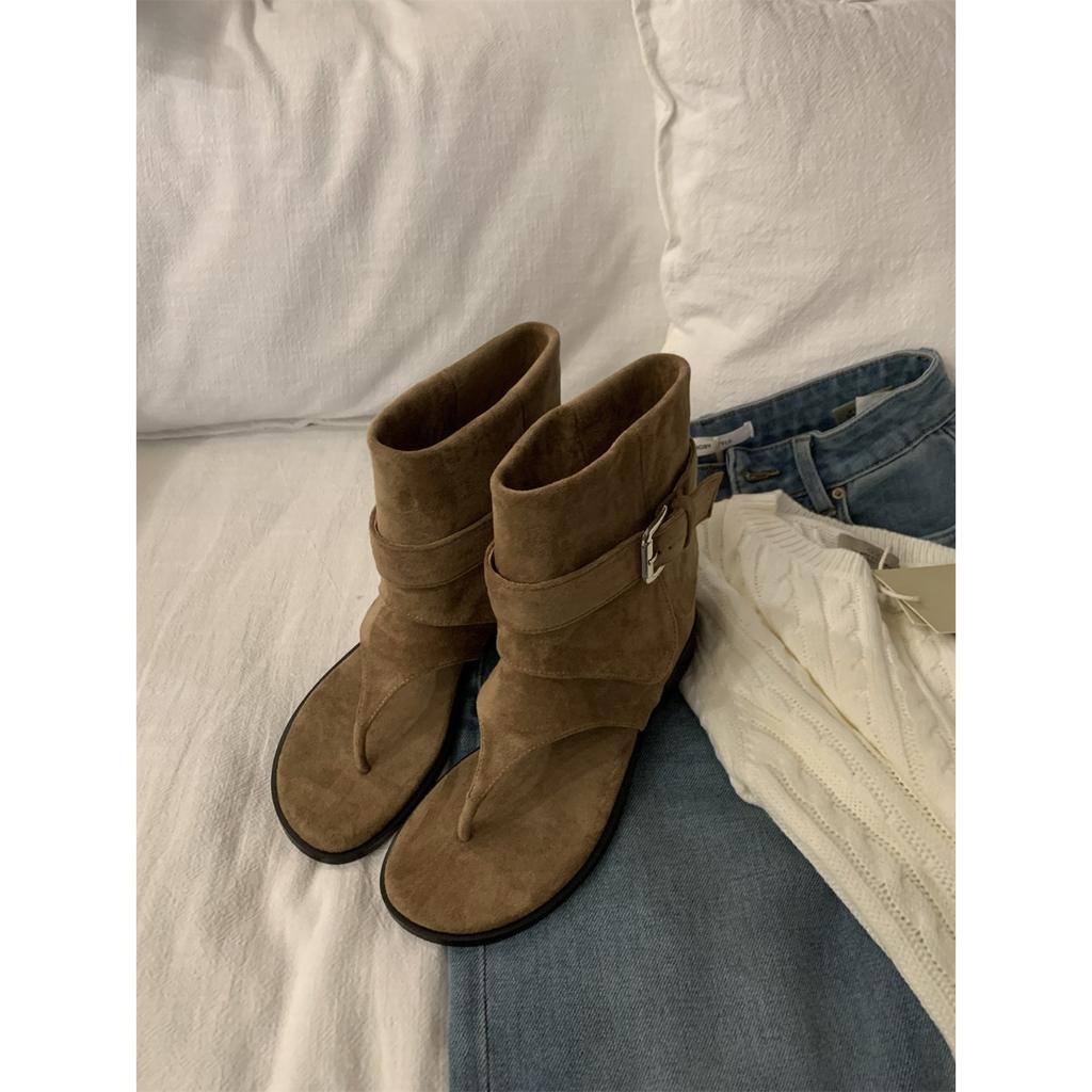 French Roman casual toe sandals women's summer new soft leather fashion belt buckle flat bottom hollow cool boots