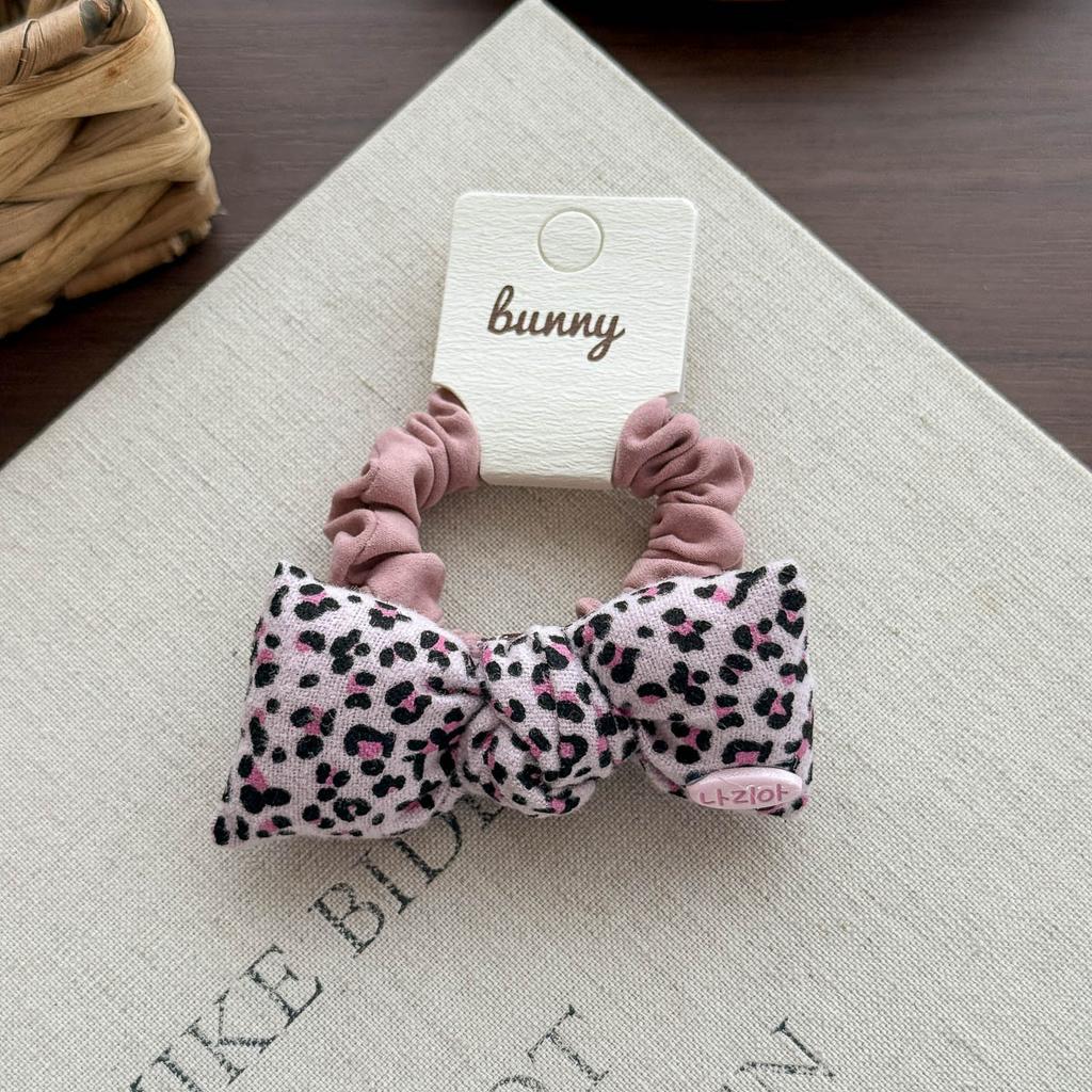 Autumn Retro Sweet Pink Coffee Leopard Pattern Bow Rabbit Hairpin Hair Ring Temperament Baby Tie Ball Head Flower Girl