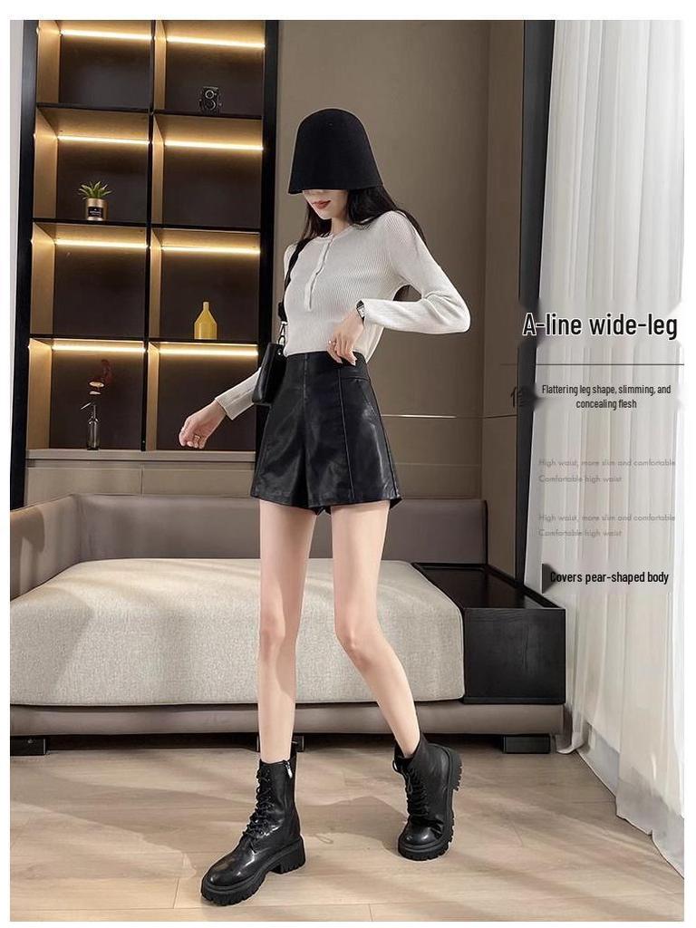 Women's High-Waisted PU Leather A-Line Shorts - New 2026 Style, Slim Fit, Black Bootcut, Autumn/Winter Fashion