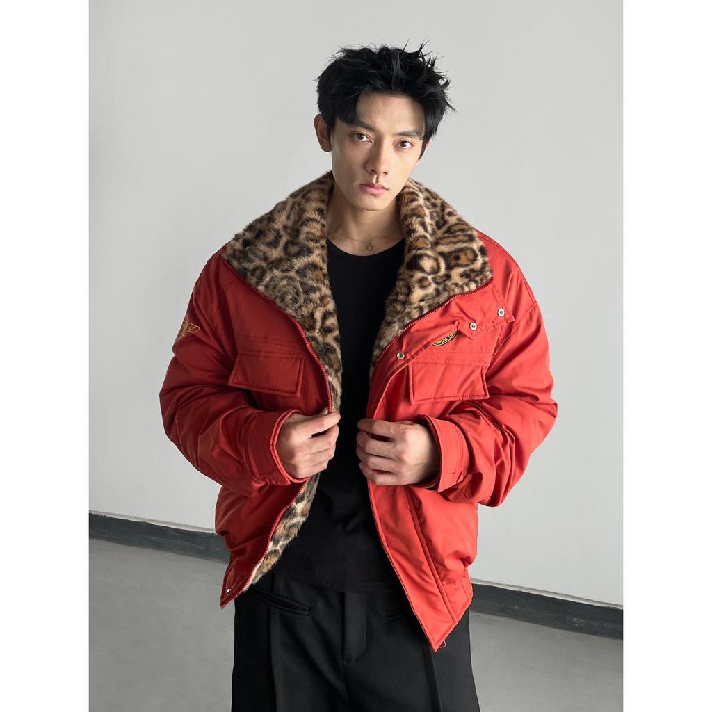Winter 2026 American Street Style Loose Leopard Print Lapel Jacket with Fur Collar and Fleece Lining