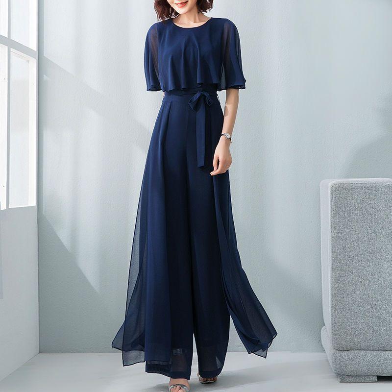 Lotus Leaf Sleeve Jumpsuit Women's Summer Long Chiffon Jumpsuit Wide Leg Set Temperament Jumpsuit Female Bodysuit Blue