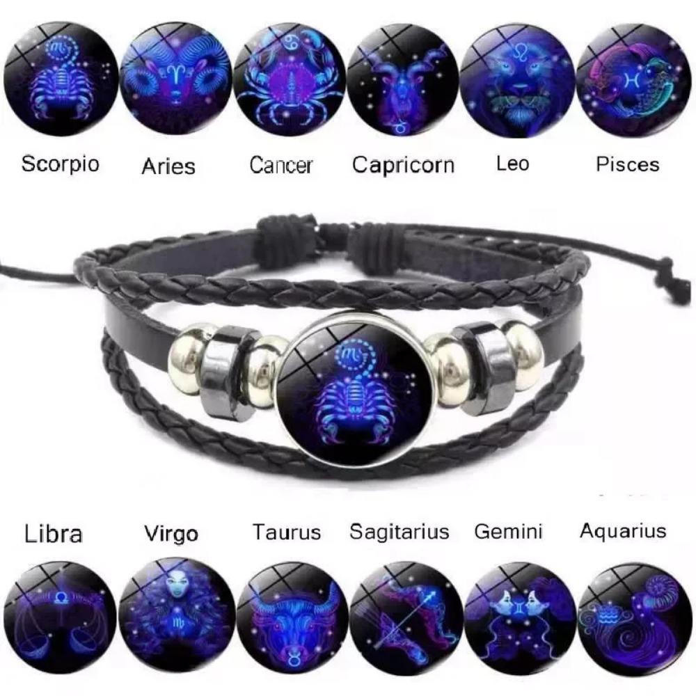 12 Constellation Zodiac Sign Charm Luminous Bracelets Men Women Vintage Multilayer Wrap Leather Bracelet Bangle Birthday Gift