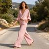 Lockere Passform Damenbekleidung Damen 2-teiliges Baumwoll-Leinen-Set, Langarm V-Ausschnitt Bluse Bequemes Outfit Und Weite Hosen Passend für Sommerurlaub