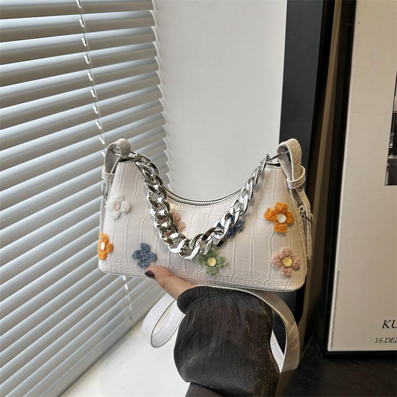 New Crocodile Pattern French Toast Bag Fashion Flower Embroidery Chain Shoulder Bag Women's Shoulder Cross-Body Bag AVE