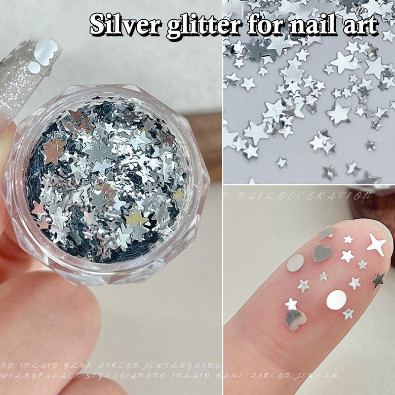 1 Box 3D Mini Round Heart Star Nail Art Charms Sequin Nail Art Flake Silvery Shiny Charms Accessories