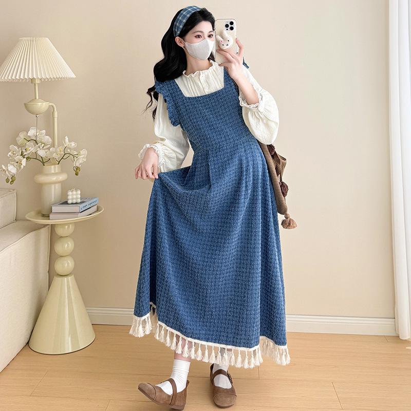 2026 Spring Tassel Plaid Maternity Denim Skirt & Lace Trim Shirt Set