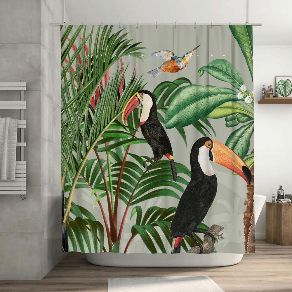 Tenda da Doccia Esotica con Uccelli Tropicali Design Toco Nero con Foglie Verdi Tessuto di Alta Qualità, Materiale Impermeabile per Bagno