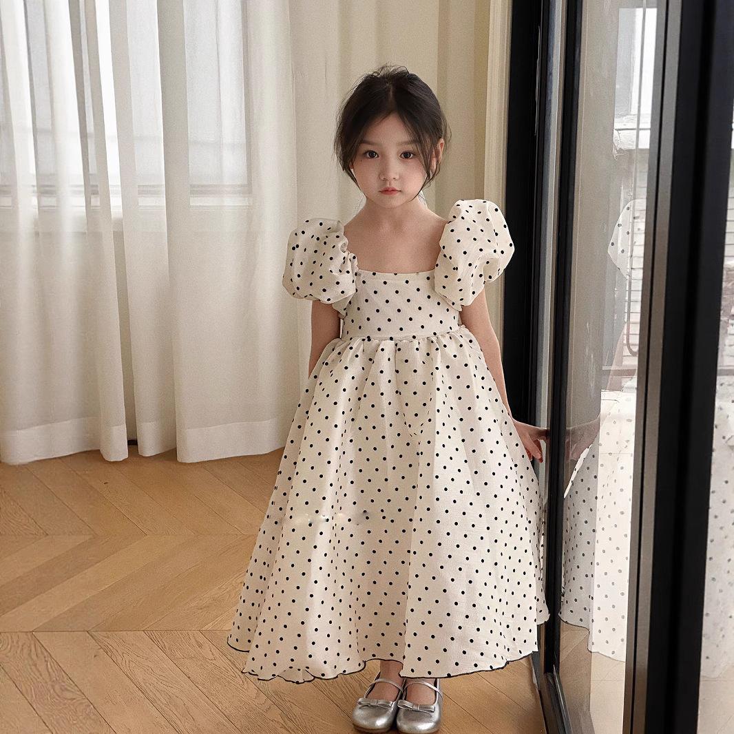 Девочки Платье в горошек для вечеринки Летнее с пышными рукавами Платье принцессы Сдержанная элегантность Корейский японский стиль 2-7 лет 90 абрикосовый