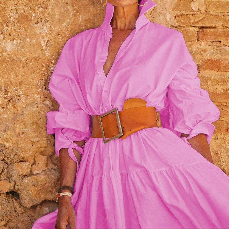 

Fd1072 in Stock 2025 Autumn New Cross-Border Women s Fashion Stylish Lapel Long-Sleeve Casual Mid-Length Dress Pink S