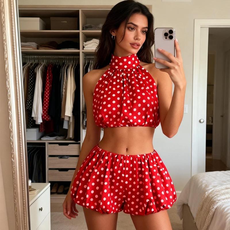 Women Y2k Vintage Short Skirts Sets Solid/Dots Sleeveless Backless Halter Neck Crop Tops with Bubble Skirts Vacation Outfits