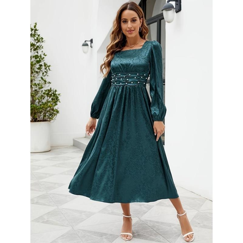 

Women s Autumn/winter Flower Jacquard Pearl Pearl Lantern Sleeve Satin Dress 2XL темно-зеленого