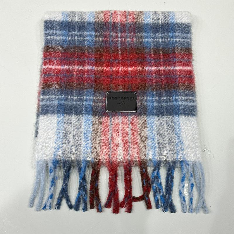 New plaid wool niche contrasting scarf women's autumn and winter thickened warm scarf high-end fringed shawl
