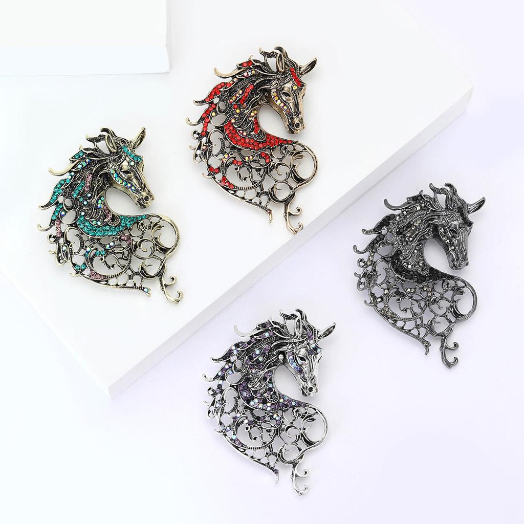 Vintage Hollow Out Handsome Horse Brooch Crystal Badge Pin Jewelry Accessory