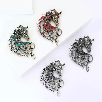 Vintage Rhinestone Horse Head Brooches for Women Zodiac Animal Pins Casual Party Accessories Gifts Friends