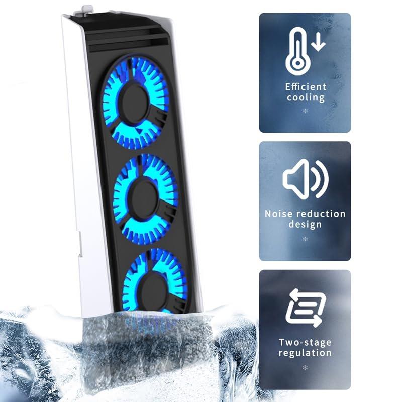 Ventilator de răcire îmbunătățit cu lumină LED, sistem de răcire silentios și eficient, 2 viteze ale ventilatorului, 3 ventilatoare mici, port USB 3.0 pentru PlayStation5 Digital & Discs Edition