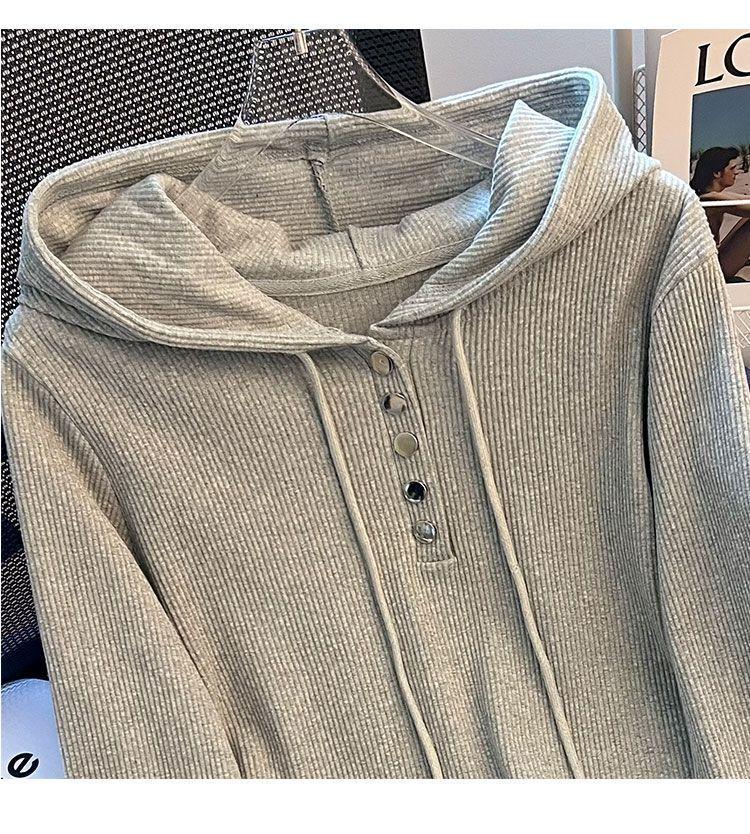 Dámské tričko nadměrné velikosti 240 jin volného střihu se stahovací kapucí a dlouhým rukávem - Jarní/podzimní zeštíhlující základní top